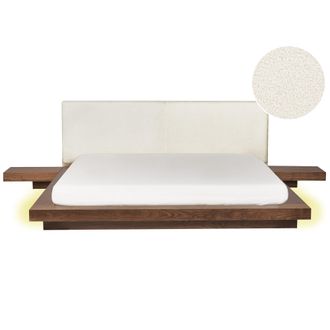 Beliani Cama Moderna 180 X 200 Cm Con Plataforma Con Led Mesitas De Noche Cabecero De Boucl&eacute; Madera De Fresno Marr&oacute;n Zen
