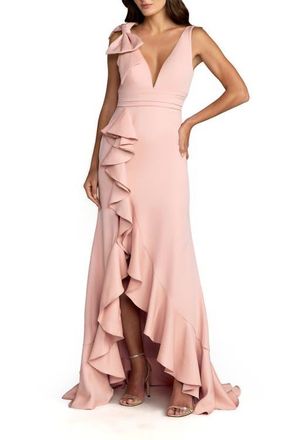 Mac Duggal Womens Crepe Sleeveless Ruffled V-Neck Gown With Bow in Blush at Nordstrom, Size 12