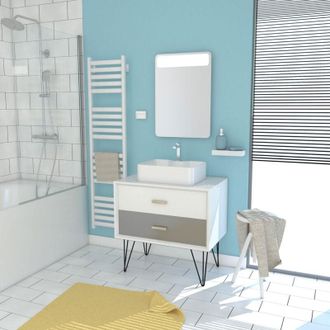 Aurlane Mueble De Bano Escandinavo Blanco Y Gris 2 Cajones 80cm, Lavabo Y Espejo