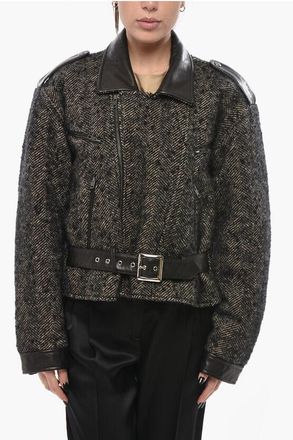 R13 Tweed Biker Coat With Leather Details size Xs