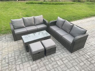 Fimous 8 Seater Patio Garden Furniture Sets Wicker Outdoor Rattan Furniture Sofa Sets with Rectangular Coffee Table 2 Small Footstools in Dark Grey