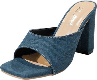 Generic WKAYsIV Womens Heel Sandal Heeled Ladies Sandals Square Toed High Heeled Denim Prom Shoes Outdoor Shoes Women Sandal Wedges