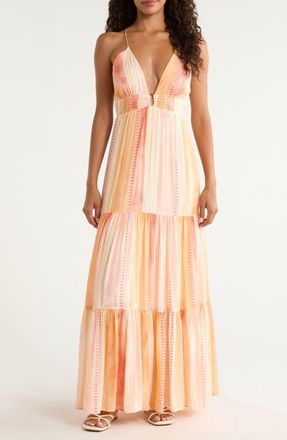 Elan Print Tiered Halter Maxi Dress in Coral Strovia at Nordstrom, Size X-Small