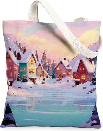 Generic Winter Village Canvas Tote Bags, Artistic Snowy Landscape Reusable Grocery Bags, Vintage Lightweight Washable Shoulder Stra, Pastel, 13x15 Inch