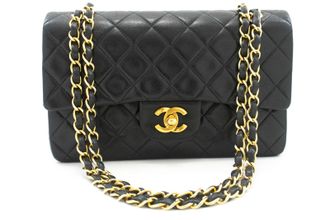 Chanel Vintage Classic Double Flap Quilted Lambskin Black Leather Handbag (Pre-Owned)