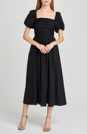 Wayf Lucy Ruched Puff Sleeve Midi Dress in Black at Nordstrom, Size X-Small