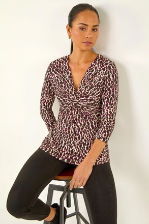 Roman Animal Print Twist Front Top
