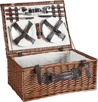 Beliani Cesta De P&iacute;cnic De Mimbre 4 Personas Bolsa Nevera Copas De Vino Cubiertos Marr&oacute;n Pruneau