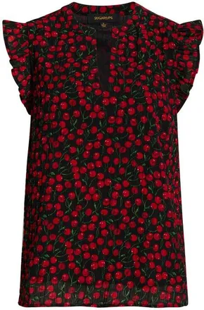Sugarlips Cherry Crush Flutter Sleeve Top in Black-Red at Nordstrom, Size X-Large