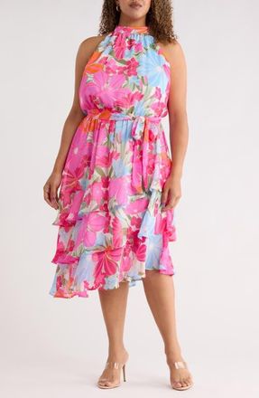 Sugarlips Calista Floral Ivone Ruffle Midi Dress in Pink-Blue-Multi at Nordstrom, Size 1 X