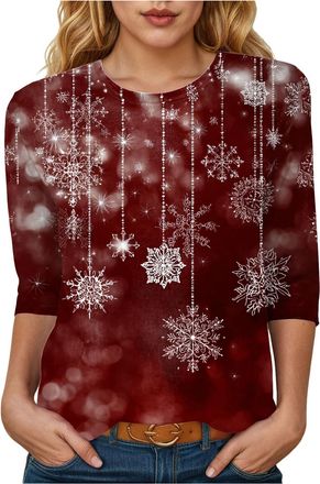 Generic Womens Christmas T Shirts 3/4 Short Sleeve Tops UK Christmas Tree Pullover Ladies Crewneck Christmas Sweatshirts Funny Graphic Tee Shirt Casual Xmas B