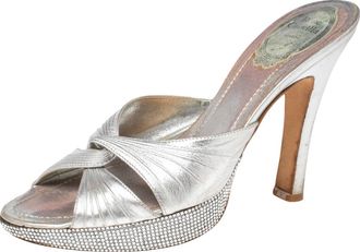 Rene Caovilla Metallic Silver Leather Slide Sandals
