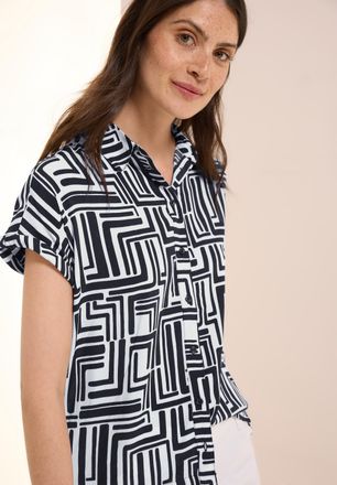 Cecil Kurzarmbluse CECIL, Damen, Gr. XS (36), blau (universal blau), Web, Obermaterial: 100% Viskose, bedruckt, l&auml;ssig geschnitten h&uuml;ftbedeckend, Rundhals, 