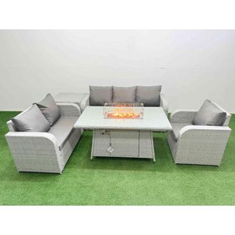Fimous Patio pe Wicker 6 Seater Outdoor Rattan Furniture Sofa Sets with Firepit Dining Table Reclining Chair Loveseat Sofa 3 Seater Sofa Light Grey - Fimous