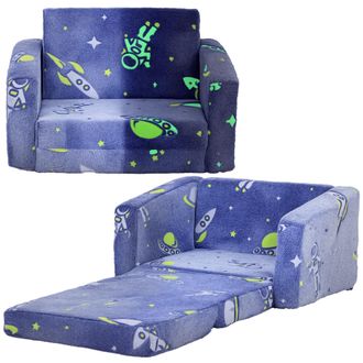 OEM Sof&aacute; Infantil Plegable 2 En 1 Tapizado De Tela Luminosa Con Patr&oacute;n C&oacute;smico Coj&iacute;n Y Funda Lavables Azul