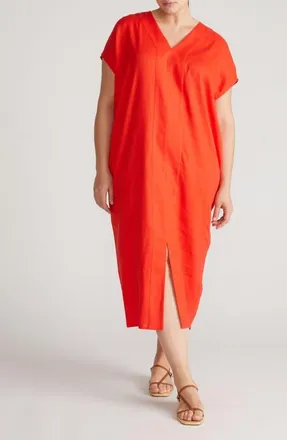 Universal Standard Cabana Linen Blend Caftan Dress in Shoreline Sunset Red at Nordstrom, Size Xs