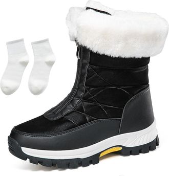 Generic Womens Waterproof Non-Slip Zipper Snow Boots, Warm Fleece-Lined Mid-Calf Winter Boots, Lightweight Outdoor Walking Boots (Black, M, Adult, Women, 10, 