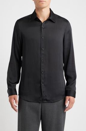 Open Edit Black Satin Button-Up Shirt in Black Caviar at Nordstrom Rack, Size Medium