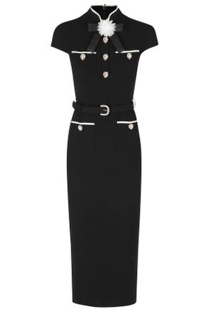 Self Portrait Black Bow Jeweled Buttons Wool Crepe Midi Dress
