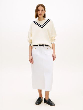 Tommy Hilfiger Womens Gold-Button Pocket Denim Midi Skirt - Optic White - 0