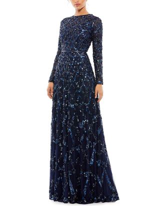Mac Duggal Embellished Illusion High Neck Long Sleeve A-Line Gown