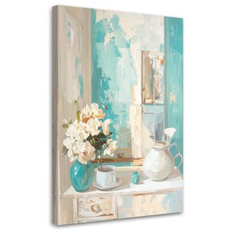 Feeby Cuadro Sobre Lienzo, Ramo De Flores En Tonos Turquesa Claro, 80x120