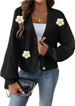 Generic Womens V-Neck Flower Applique Sweater Long Sleeve Loose Soft Button Down Cardigan Sweater Knit Short Sweaters Outwear Black