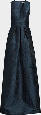 Kay Unger Mariah V-Neck Sleeveless Jacquard A-Line Gown