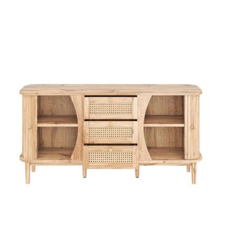 STILVORA Aparador Con 2 Puertas Correderas, 3 Cajones De Rat&aacute;n, Estantes Ajustables, Tablero Redondeado, Estilo Natural, 140,5&times;40&times;76 Cm