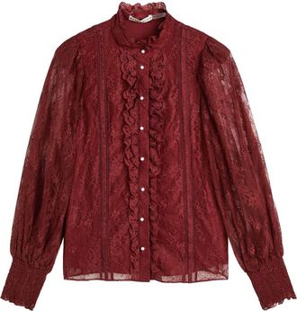 Alice & Olivia Eugenia Ruffled Lace Blouse - Dark Red - S (UK8-10 / S)