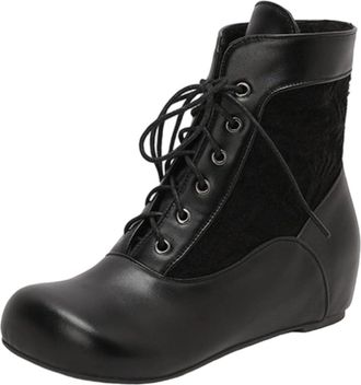 Generic Black Lace Up Ankle Boots for Women Round Toe Flat Sole Fashion Casual Versatile Winter Comfortable Wear Chunky Design