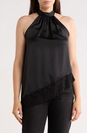 Renee C Satin Lace Asymmetrical Halter Top in Black at Nordstrom Rack, Size X-Large