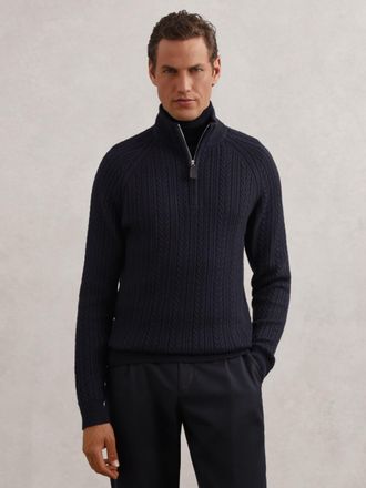 Reiss Navy Cable-knit Half-zip Jumper With Wool, Xxl