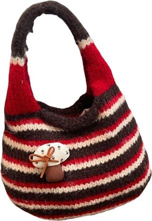 Generic Japanese Style Knitted Wrist Bag, Cute Mushroom Design Retro Bucket Handbag for Women, Soft Polyester Mini Crossbody Shoulder Bag(Red)