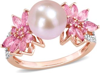 Mimi & Max 9-9.5 MM Cultured Freshwater Pearl and 3/4 CT TGW Pink Sapphire and 1/8 CT TW Diamond Flower Ring in 14k Rose Gold