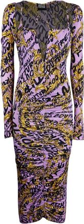 Versace Jeans Couture Barok Print Vierkante Hals Midi Jurk - Dames - Casual kleedjes - Paars - XS - Kleedjes