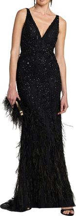 Mac Duggal Embellished Feather Detail Hem Gown in Black at Nordstrom, Size 2
