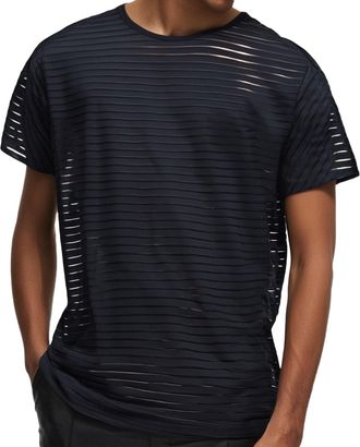 Generic Mens Designer T Shirts Mens Striped Hollow Out Sheer Short Sleeve Loose Fit T-Shirt for Casual Wear and Party Outfits Black T Shirt Designer Shirts Me