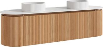 Vente-Unique Mueble de ba&ntilde;o suspendido estriado con doble lavabo sobre encimera redondo estriado - Natural claro - An. 180 cm - LILIKO