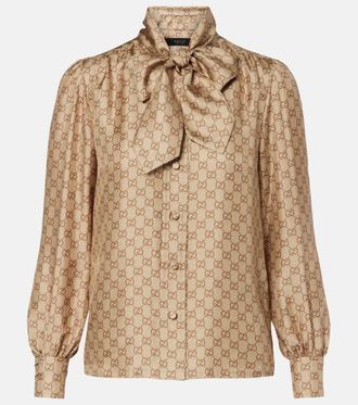 Gucci GG tie-neck printed silk twill blouse