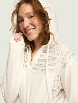 Lucky Brand Womens Embroidered Trim Mix Hoodie