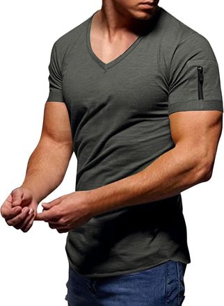 Generic Extra Long T Shirts for Men Mens Summer Fashion Casual Solid Color Zipper Pocket T Shirt Short Sleeve Shirt Top Blouse Mens Breathable Running Sport G