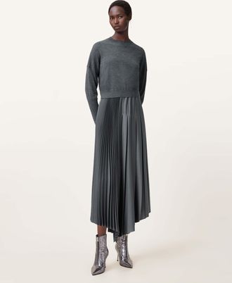 AllSaints Womens Merino Wool Adriana 2-in-1 Midi Dress, Size: XS