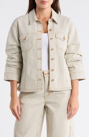 Democracy Stripe Ruched Sleeve Jacket in Blanched Almond/navy at Nordstrom Rack, Size X-Large