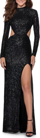 La Femme Long Sleeve Sequin Dress with Open Back in Black at Nordstrom, Size 12