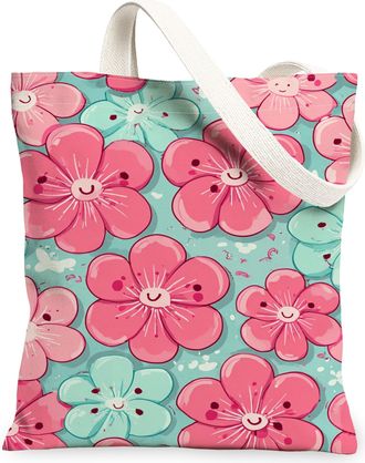 Generic Floral Canvas Tote Bags, Colorful Flower Pattern Reusable Grocery Bags, Spring Vintage Lightweight Washable Shoulder Strap, Peach, 13x15 Inch