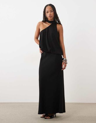 Asos vestito maxi monospalla con allacciatura al collo nero