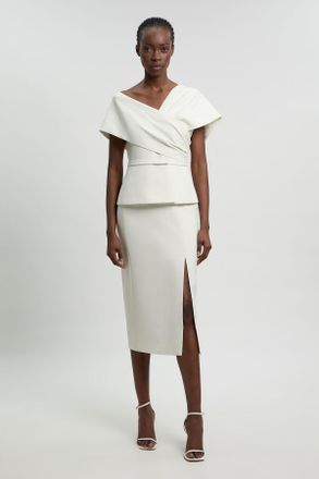 Karen Millen Womens Compact Viscose Stretch Tailored Peplum Midi Dress - White - Size 16 UK