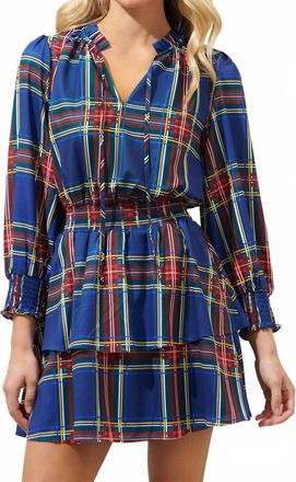 Sugarlips Lakeview Plaid Clifton Ruffle Dress In Navy-Plaid