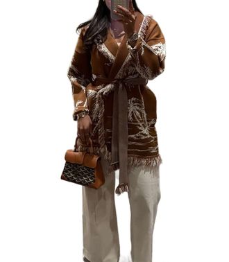 Generic Loose Fit Boho Knitted Cardigan with Tie Waist Retro Embroidered Fringe Knit Jacket for Autumn